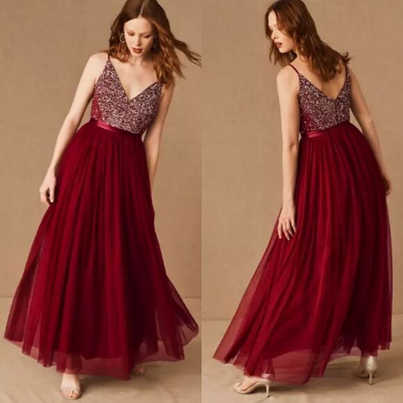 BHLDN Avery Sequin Tulle Bridesmaid Formal Dress in Bordeaux Burgundy Res - Picture 1 of 15